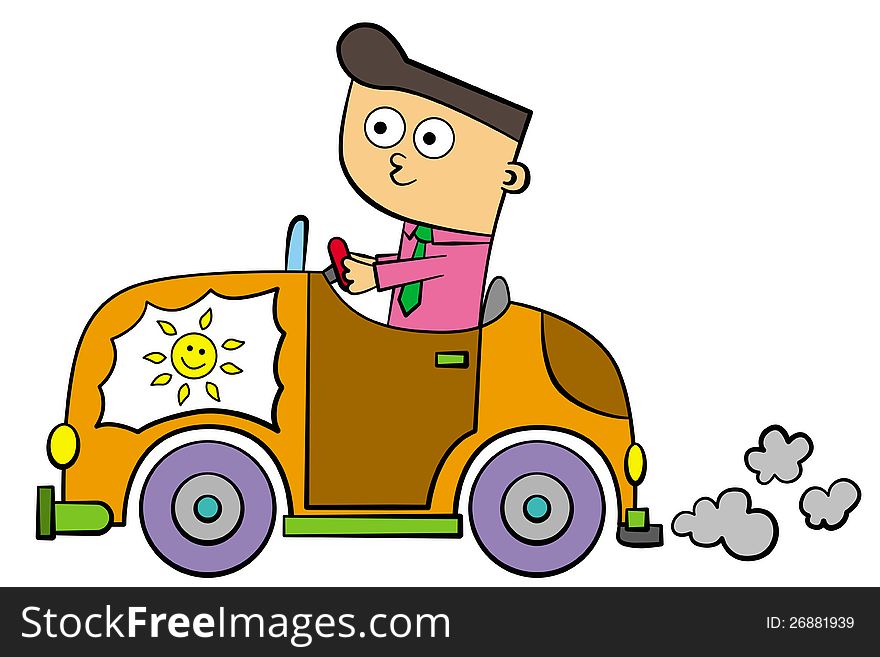 A funny illustration of a cartoon character driving a car with the sun in it. A funny illustration of a cartoon character driving a car with the sun in it