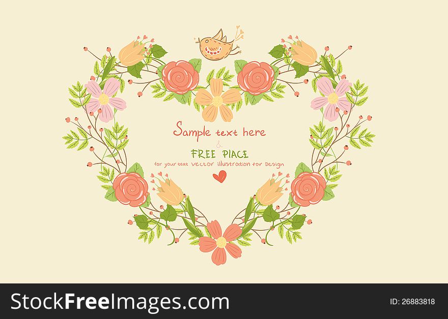 Greeting card with floral heart shape and birds