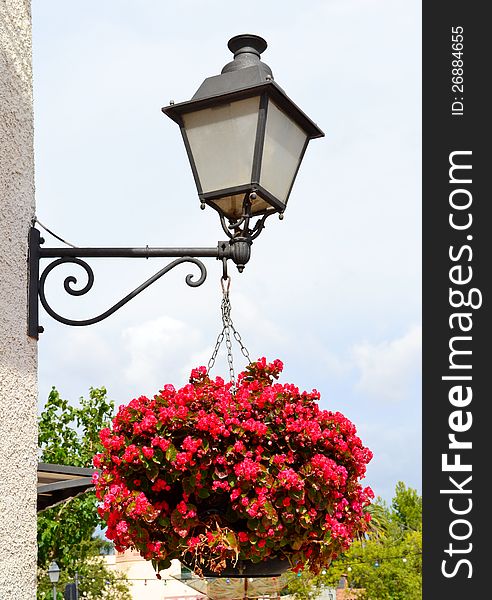 Old lantern with hanging flowers