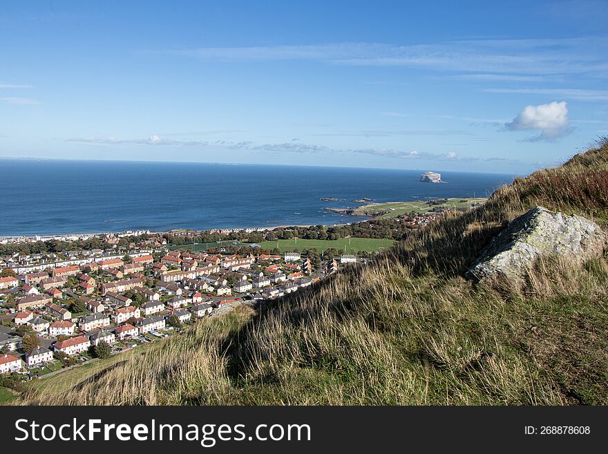 North Berwick town view from top of the North Berwick Law Hill, Scotland, UK