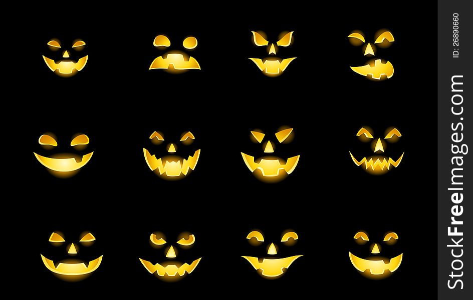 Jack-o-lantern pumpkin faces glowing on black. Jack-o-lantern pumpkin faces glowing on black