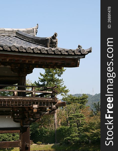 Byodoin temple in Uji, near Kyoto in Japan. Roof eave detail at the ancient Chinese-Japanese style