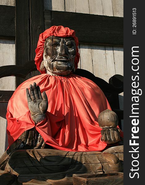 Pindola statue at Todaiji Nara Japan; wood carving in Bhuddist