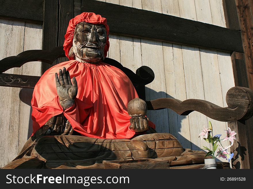 Pindola statue at Todaiji Nara Japan; wood carving in Bhuddist