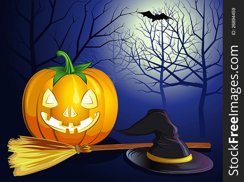 Decorative halloween celebrate background with magic hat,pumpkin and broom