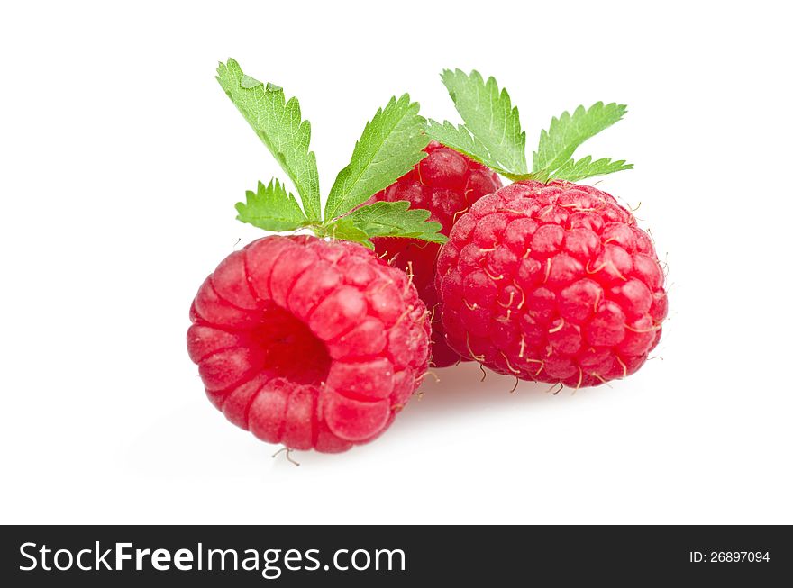Ripe red raspberry with leaves on white background