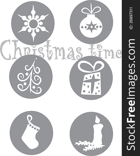 Six christmas symbols on grey background in wheels