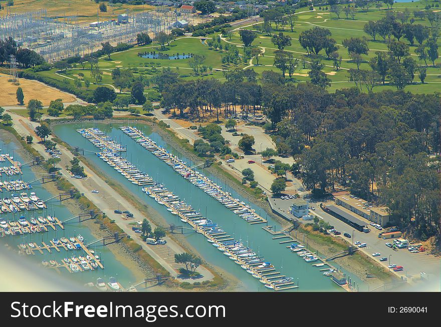 Aerial view onto San Francisco's harbor. Aerial view onto San Francisco's harbor