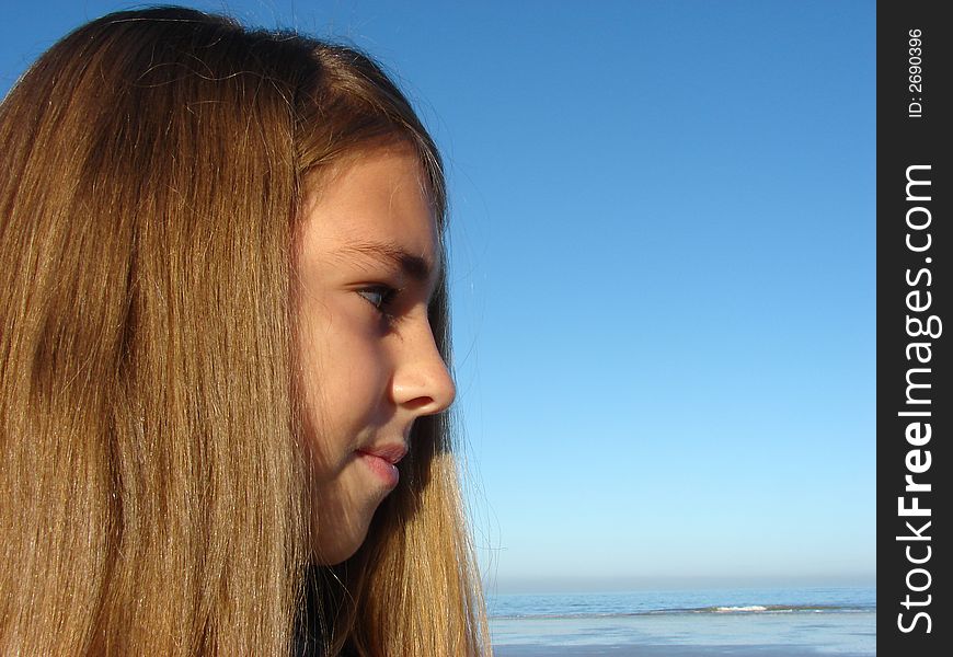 Young girl standing on the beach, looking into the distance. Young girl standing on the beach, looking into the distance