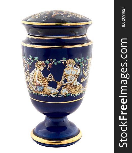 Blue small greek gold plated amphora for perfume. With clipping path. Blue small greek gold plated amphora for perfume. With clipping path.