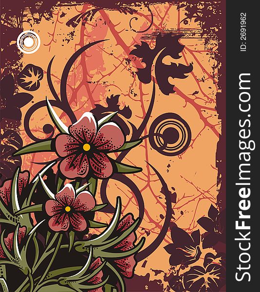 Floral grunge background with red flowers, leaves, circles and ornamental details. Floral grunge background with red flowers, leaves, circles and ornamental details.