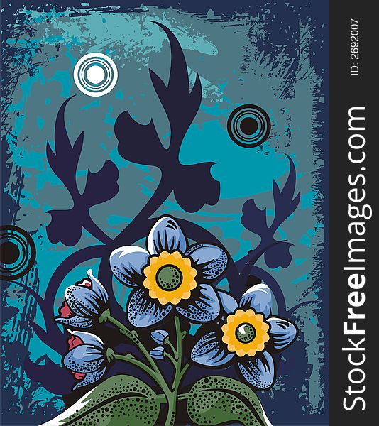 Floral grunge background with blue flowers, leaves, circles and ornamental details. Floral grunge background with blue flowers, leaves, circles and ornamental details.