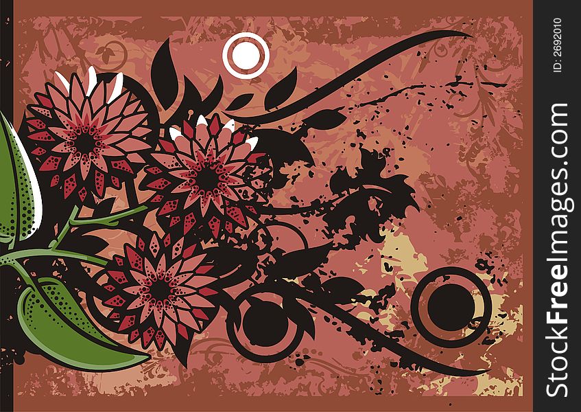 Floral grunge background with red flowers, leaves, circles and ornamental details. Floral grunge background with red flowers, leaves, circles and ornamental details.