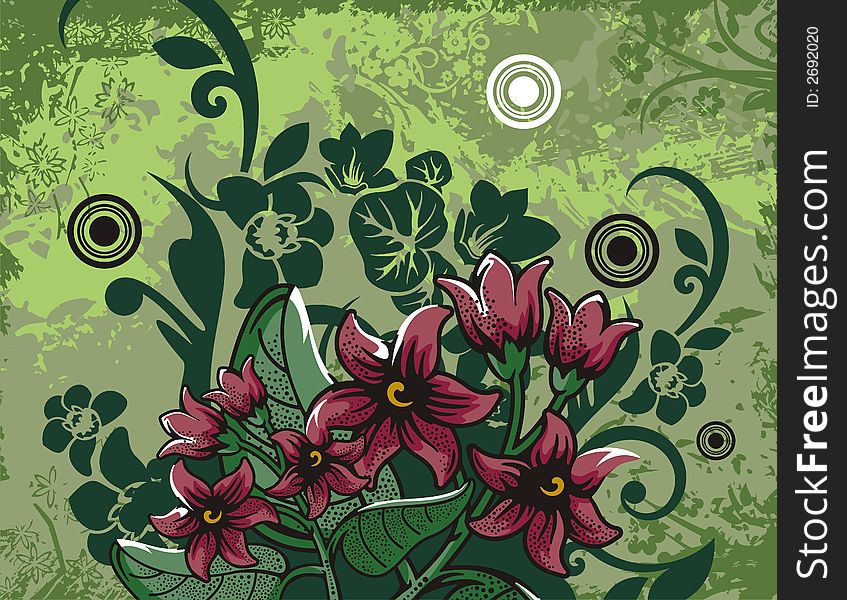 Floral grunge background with red flowers, leaves, circles and ornamental details. Floral grunge background with red flowers, leaves, circles and ornamental details.