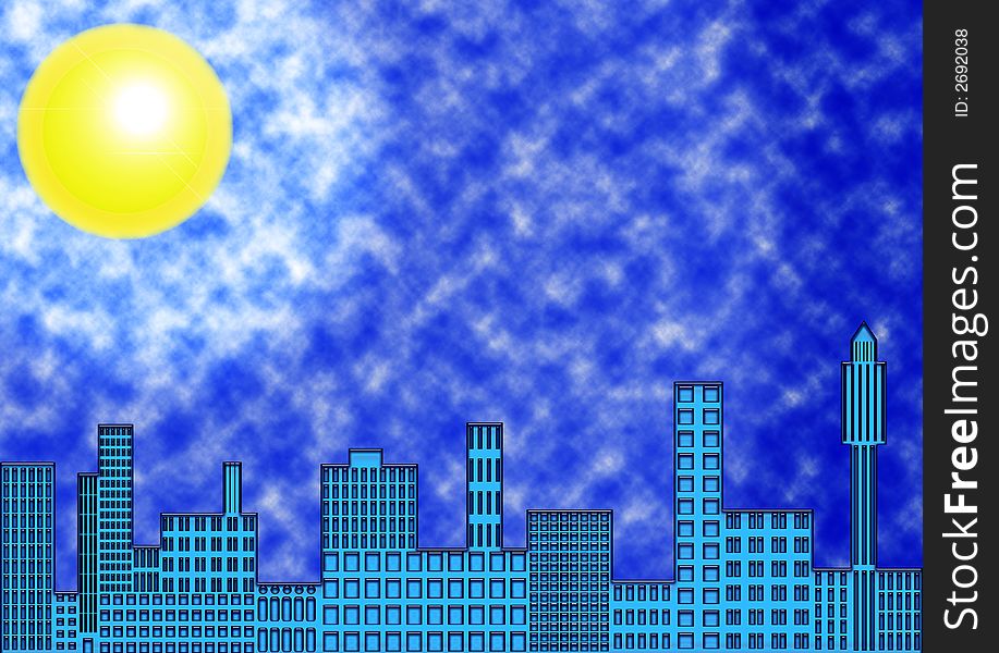 Illustration of cityscape with sun and clouds