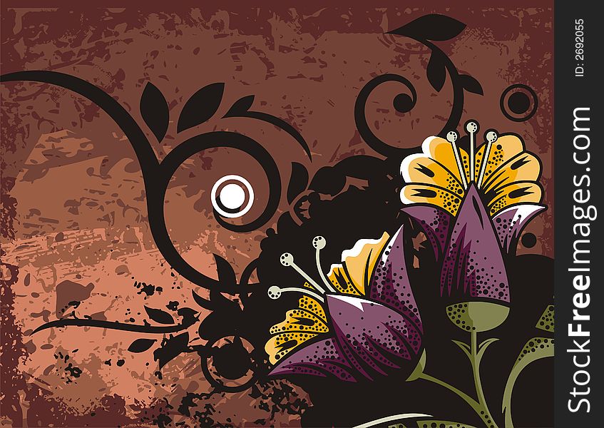 Floral grunge background with exotic flowers, leaves, circles and ornamental details. Floral grunge background with exotic flowers, leaves, circles and ornamental details.