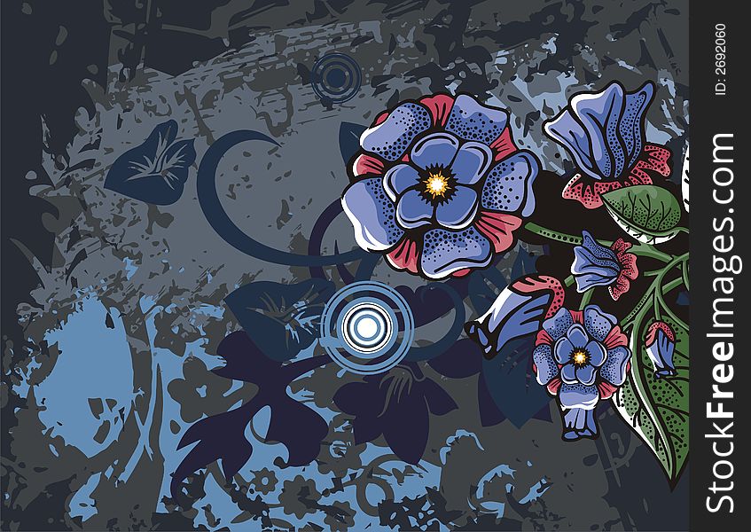 Floral grunge background with blue flowers, leaves, circles and ornamental details. Floral grunge background with blue flowers, leaves, circles and ornamental details.