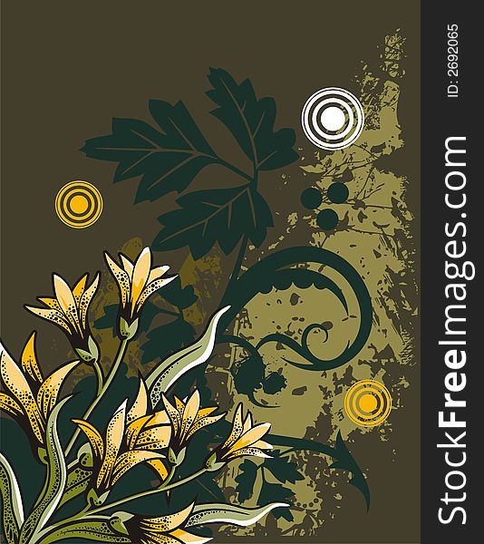 Floral grunge background with yellow flowers, leaves, circles and ornamental details. Floral grunge background with yellow flowers, leaves, circles and ornamental details.