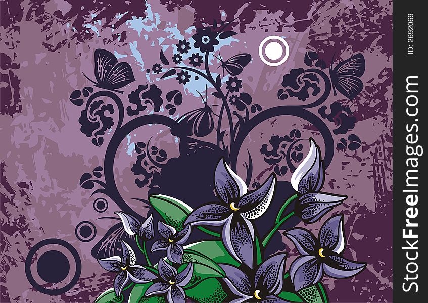 Floral grunge background with violets, butterflies, circles and ornamental details. Floral grunge background with violets, butterflies, circles and ornamental details.