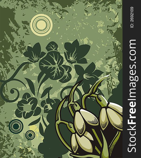 Floral grunge background with snowdrops, circles and ornamental details. Floral grunge background with snowdrops, circles and ornamental details.