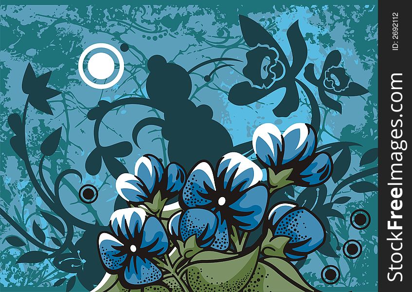 Floral grunge background with blue flowers, leaves, circles and ornamental details. Floral grunge background with blue flowers, leaves, circles and ornamental details.