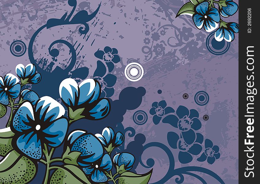 Floral grunge background with blue flowers, leaves, circles and ornamental details. Floral grunge background with blue flowers, leaves, circles and ornamental details.