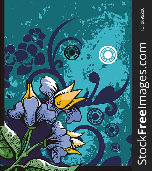 Floral grunge background with exotic blue flowers, leaves, circles and ornamental details. Floral grunge background with exotic blue flowers, leaves, circles and ornamental details.