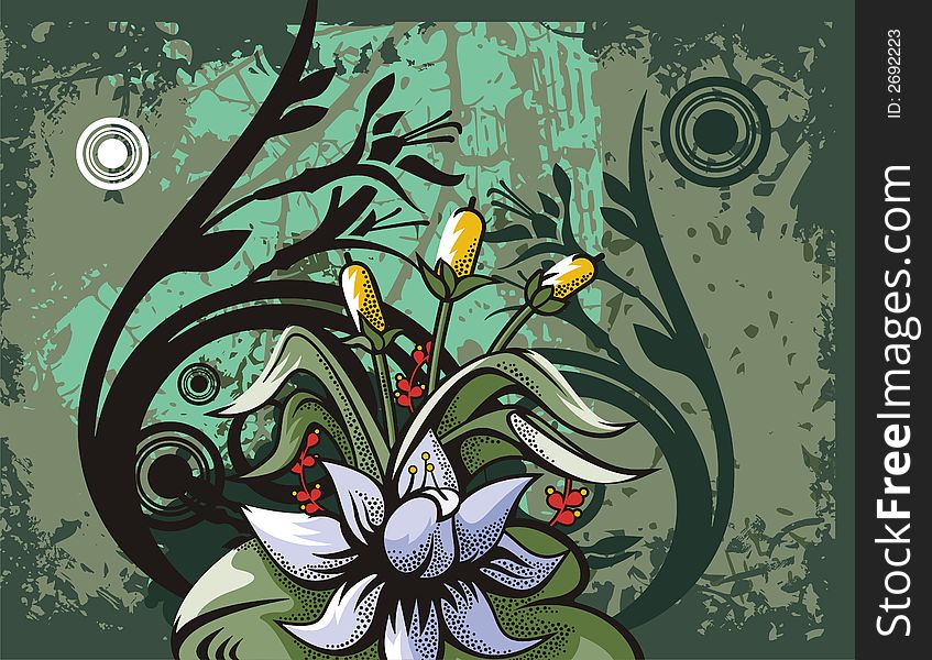 Floral grunge background with exotic flowers, leaves, circles and ornamental details. Floral grunge background with exotic flowers, leaves, circles and ornamental details.