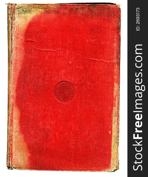 Worn and damaged red book with embossed medallion in the center of the cover.  Small volume about color theory dating from early 1900's.  Object shows much use, wear and distress.  Possibly exposed to floodwaters at some point.  Isolated on a white ground. Worn and damaged red book with embossed medallion in the center of the cover.  Small volume about color theory dating from early 1900's.  Object shows much use, wear and distress.  Possibly exposed to floodwaters at some point.  Isolated on a white ground