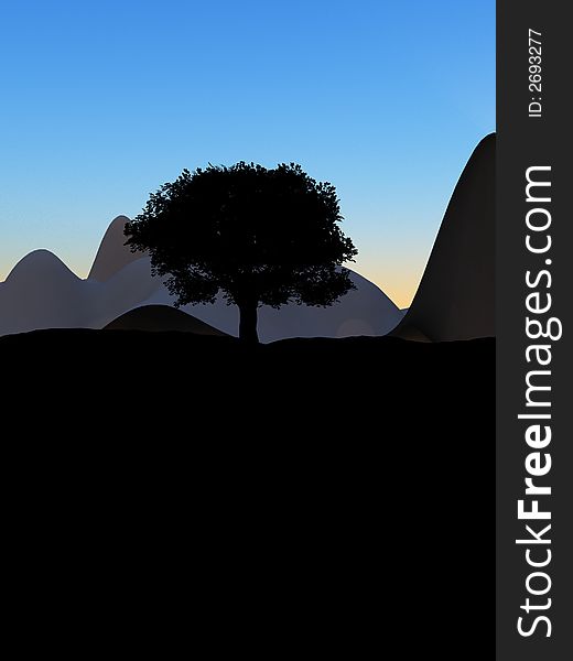 A image of a silhouette of a isolated single tree, with a sky background.