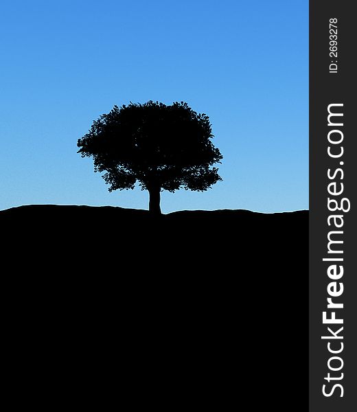 A image of a silhouette of a isolated single tree, with a blue background.