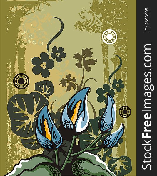 Floral grunge background with blue lilies, leaves, circles and ornamental details. Floral grunge background with blue lilies, leaves, circles and ornamental details.