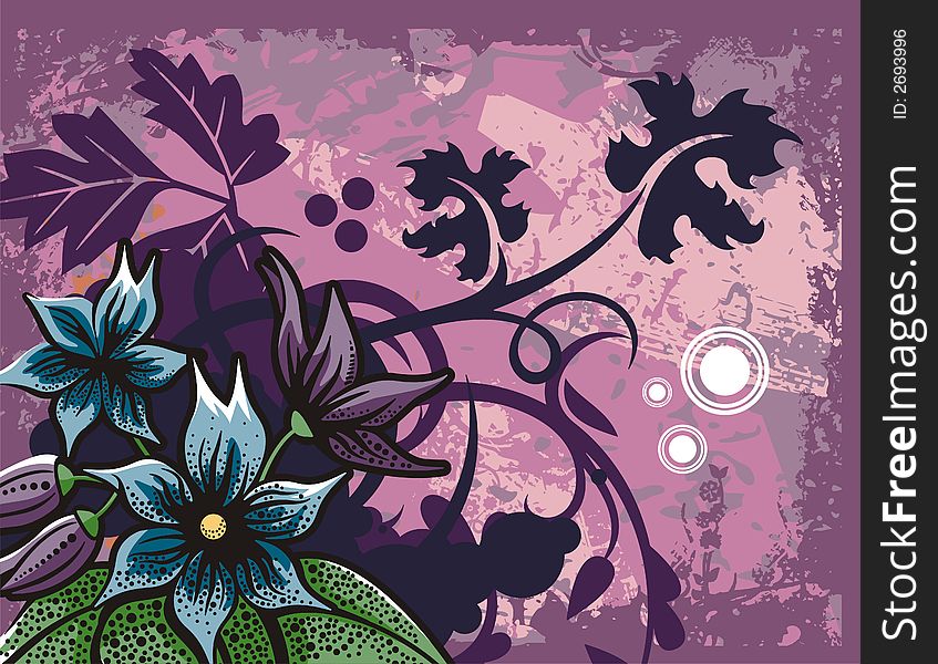 Floral grunge background with blue and violet flowers, leaves, circles and ornamental details. Floral grunge background with blue and violet flowers, leaves, circles and ornamental details.