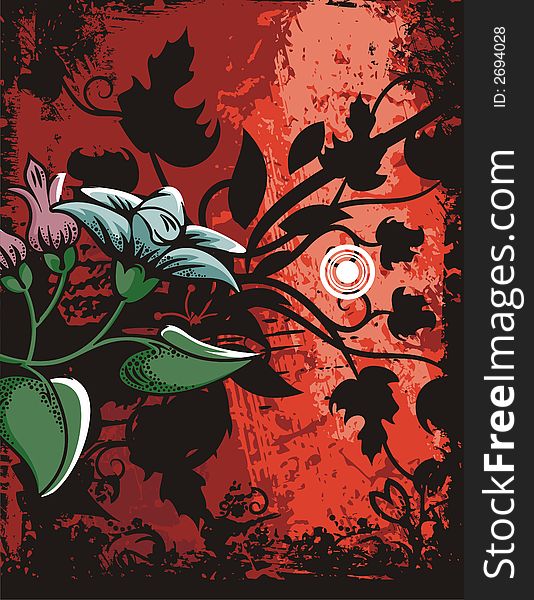 Floral grunge background with flowers, leaves, circles and ornamental details. Floral grunge background with flowers, leaves, circles and ornamental details.
