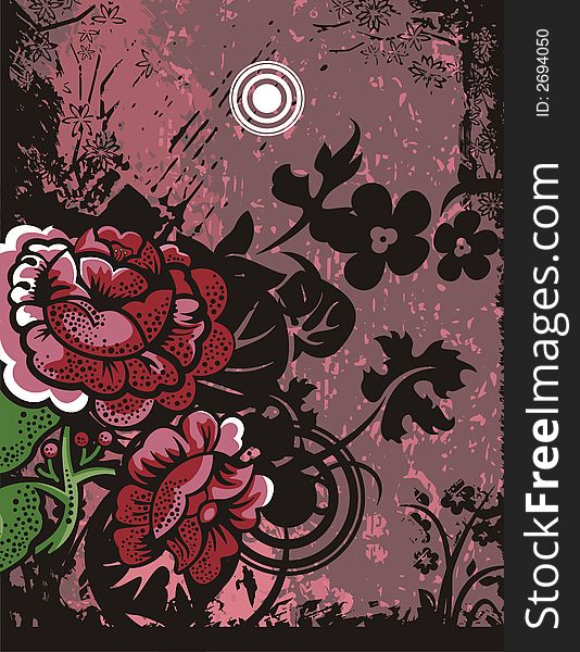 Floral grunge background with red flowers, leaves, circles and ornamental details. Floral grunge background with red flowers, leaves, circles and ornamental details.