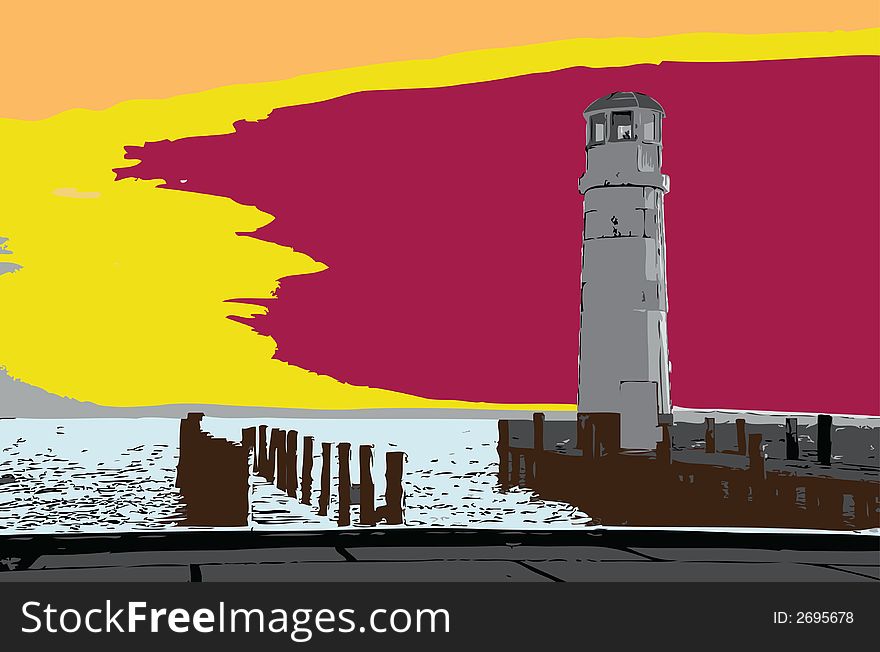 Lighthouse at a lake. Illustration. Lighthouse at a lake. Illustration