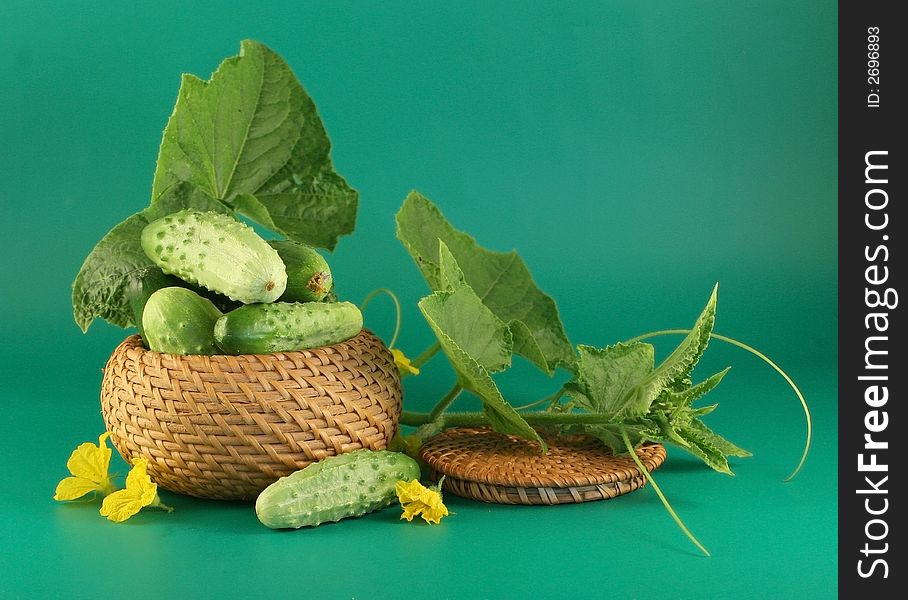 Some cucumbers lay in a basket. Beside the cucumber and flowers a cucumber lays. A green background. Some cucumbers lay in a basket. Beside the cucumber and flowers a cucumber lays. A green background.