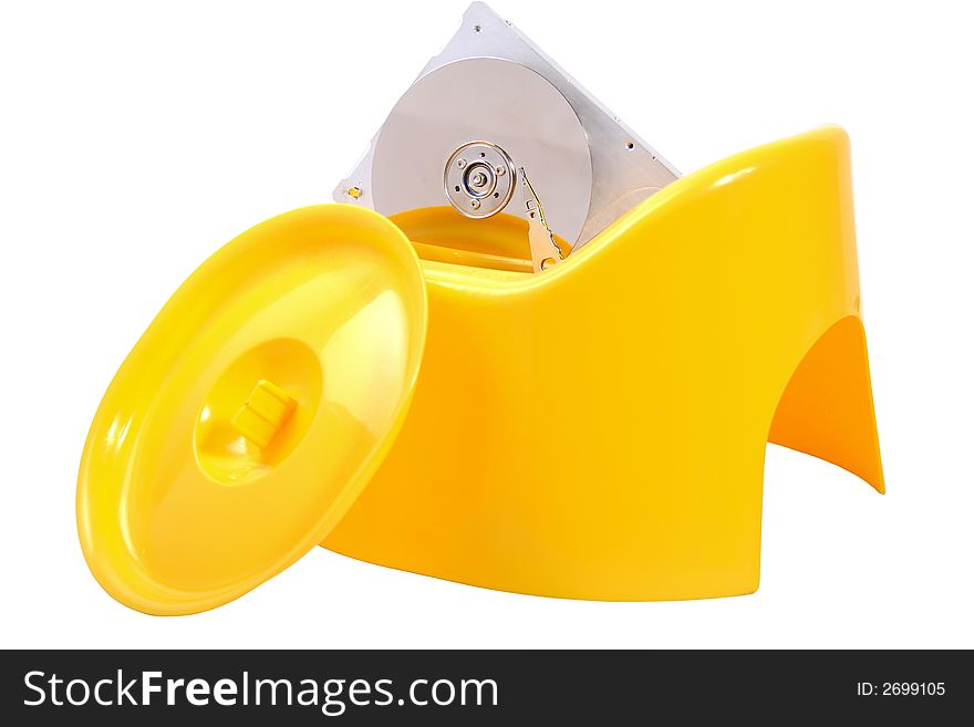 Broken hard drive in yellow pot isolated. Broken hard drive in yellow pot isolated