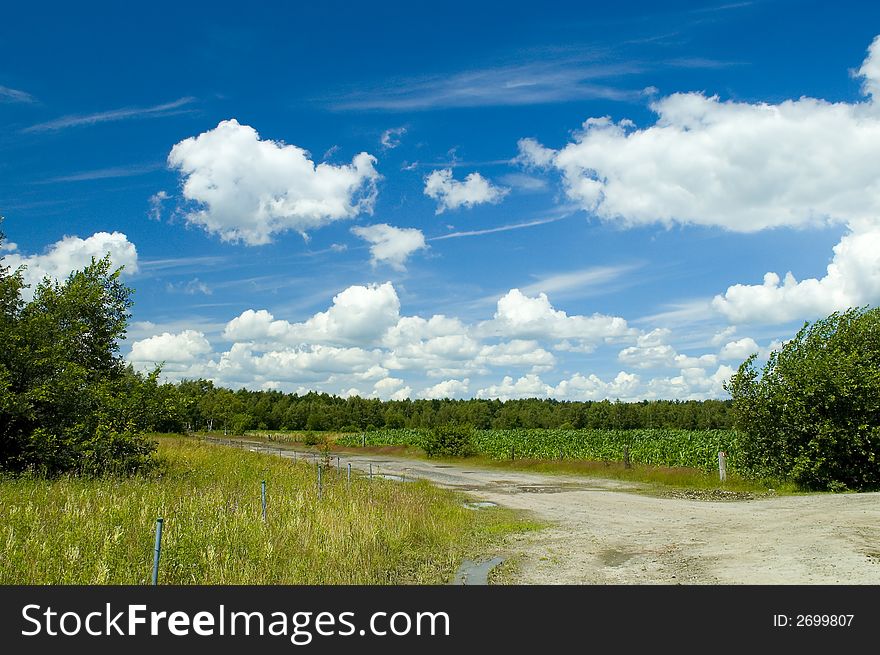 Colorful cloudscape, road, grass and fields. Colorful cloudscape, road, grass and fields
