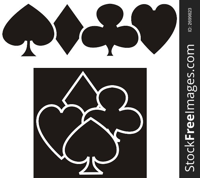 Card symbol, card symbols, 4 symbols, card game, card games, heart, cubes, flowers, black and white, illustration, graphic shape