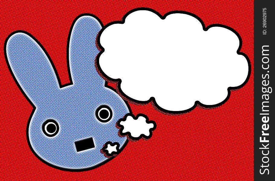 Blue rabbit on red background with a talk bubble
