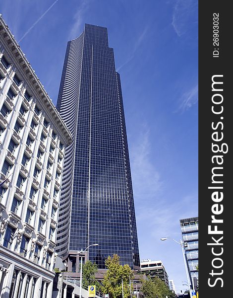 Old and modern architectures showing big contrast in downtown Seattle.