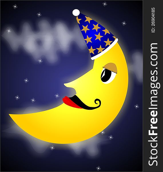 Cute Mr. Moon clip-art hanging in starry night sky.