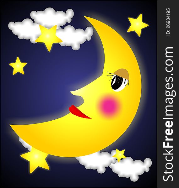 Cute illustration of Miss. moon hanging on starry night sky. Cute illustration of Miss. moon hanging on starry night sky