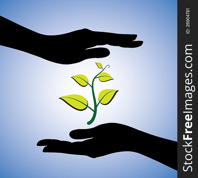 Concept illustration of saving the nature. This graphic uses female hand silhouettes and a plant to represent the concept of protecting ecology and environment with blue background. Concept illustration of saving the nature. This graphic uses female hand silhouettes and a plant to represent the concept of protecting ecology and environment with blue background