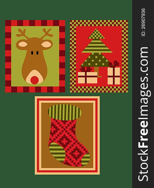 Christmas cards with deer, Christmas tree and Christmas sock. Christmas cards with deer, Christmas tree and Christmas sock