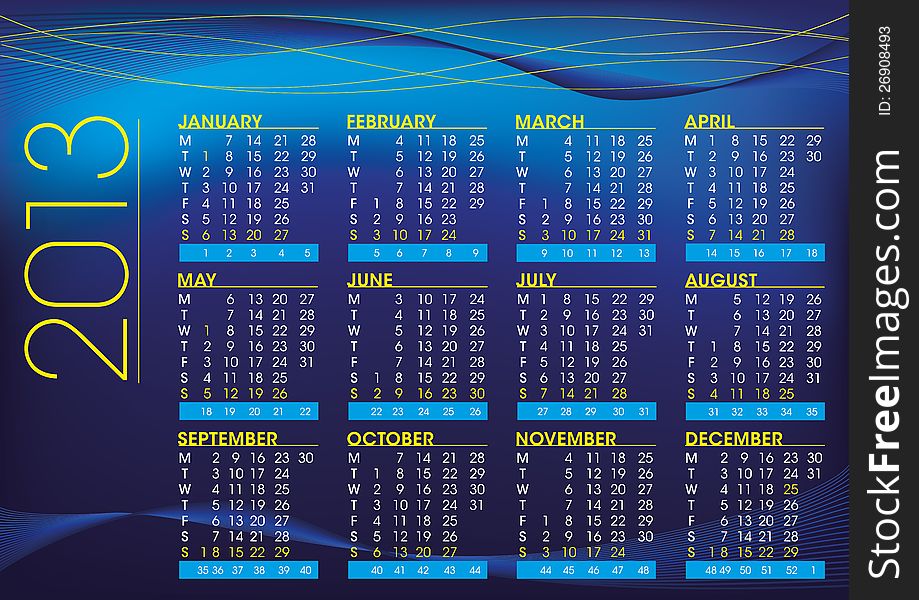 2013 Calendar In English Night Mood