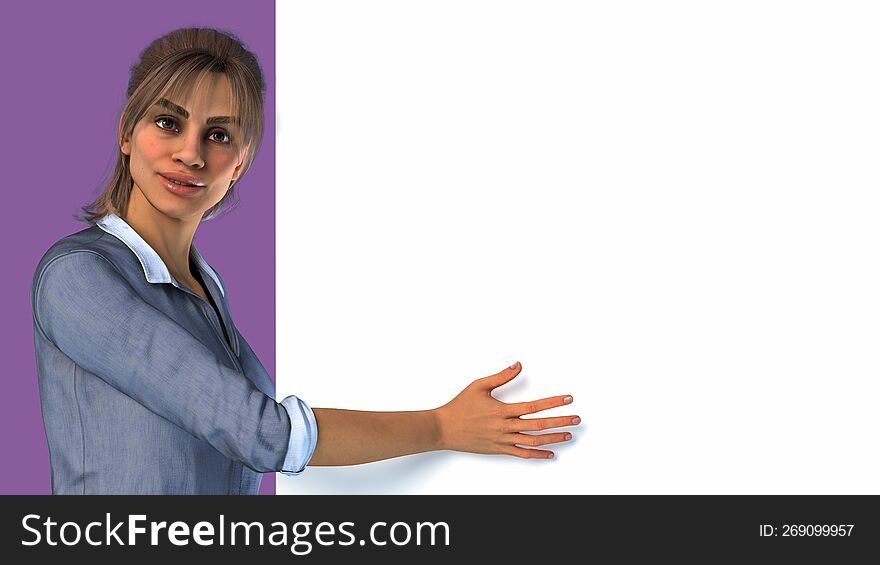 young woman holding and showing white billboard canvas blank copy space pink purple background 3D illustration
