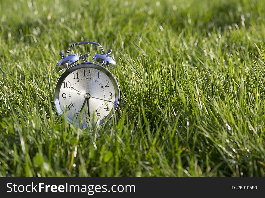 A picture at a clock in grass. A picture at a clock in grass