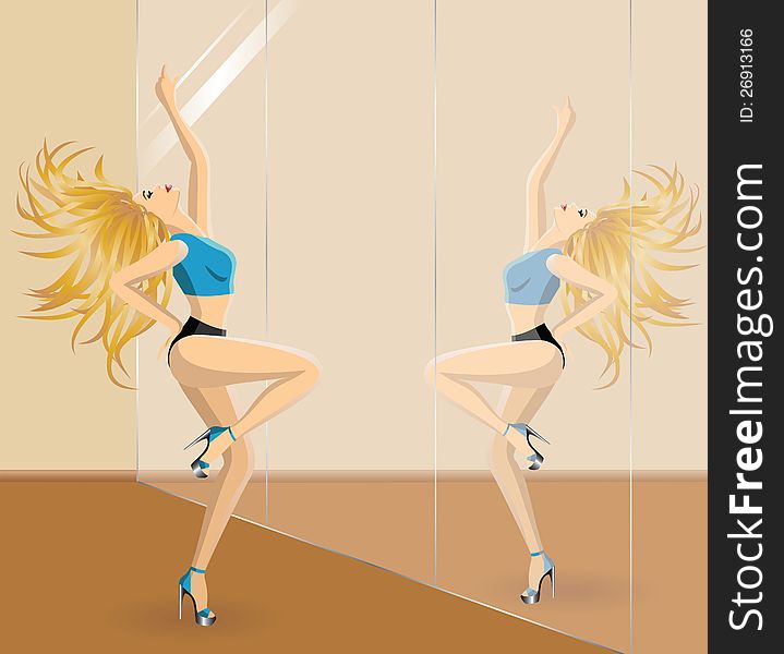 Beautiful blonde woman dancing in front of the mirrow in gym classroom. Dancer in dance studio. Beautiful blonde woman dancing in front of the mirrow in gym classroom. Dancer in dance studio.